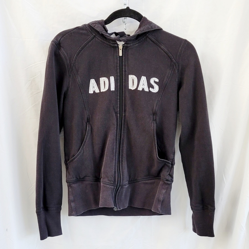 Adidas‎ Womens Medium Jacket Black Full Zip Hooded Spell Out Embroidered Logo